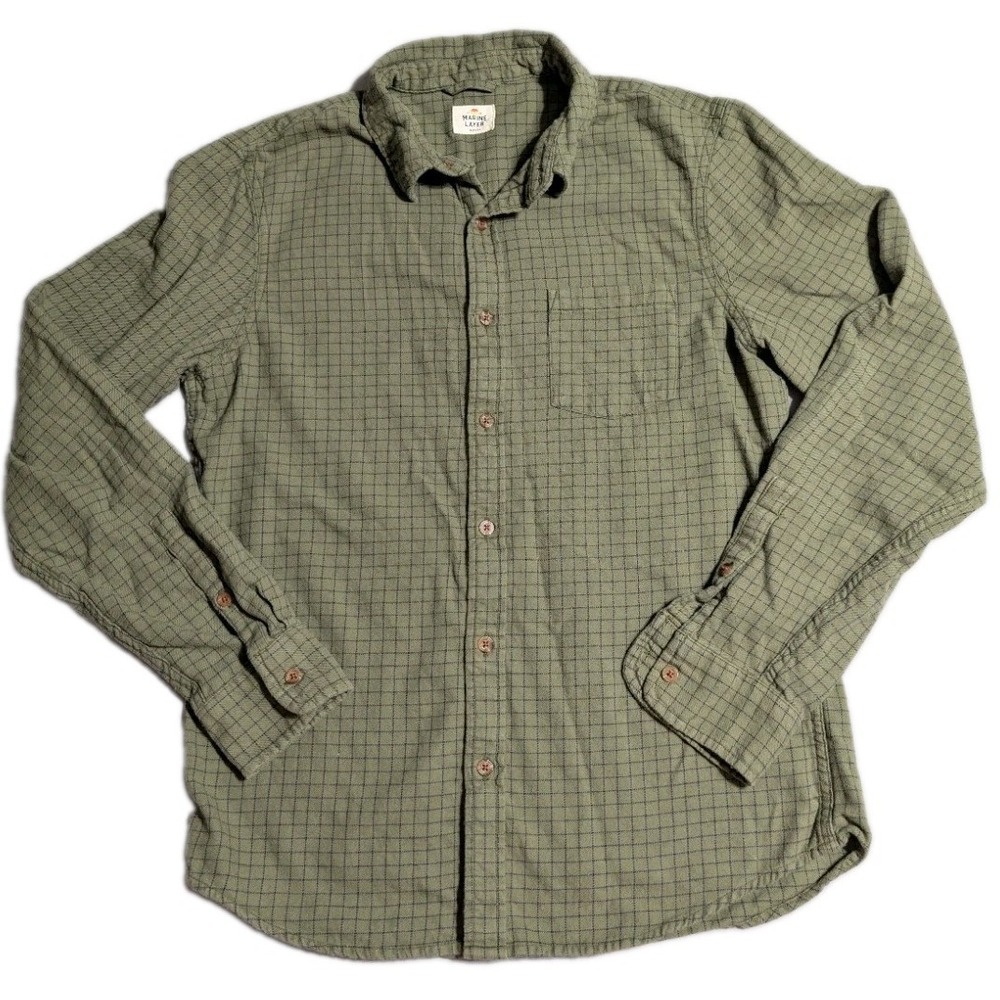 Marine Layer Button Down Shirt Mens M Green Blue Grid Plaid 100% Cotton